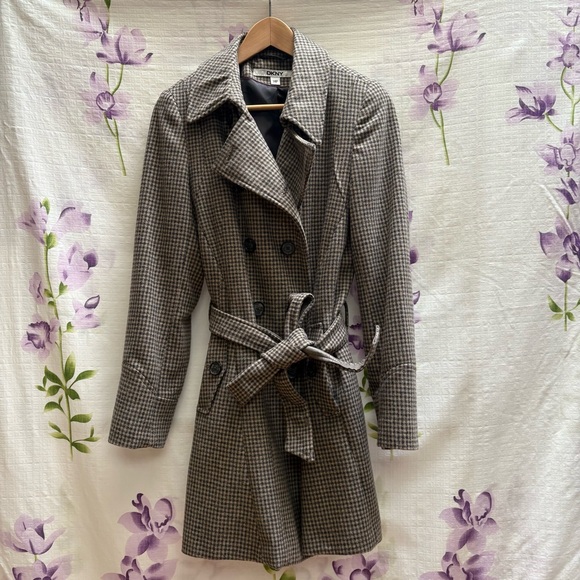 DKNY Brown Checkered Button Pea Coat Tie Waist Petite - Picture 2 of 6
